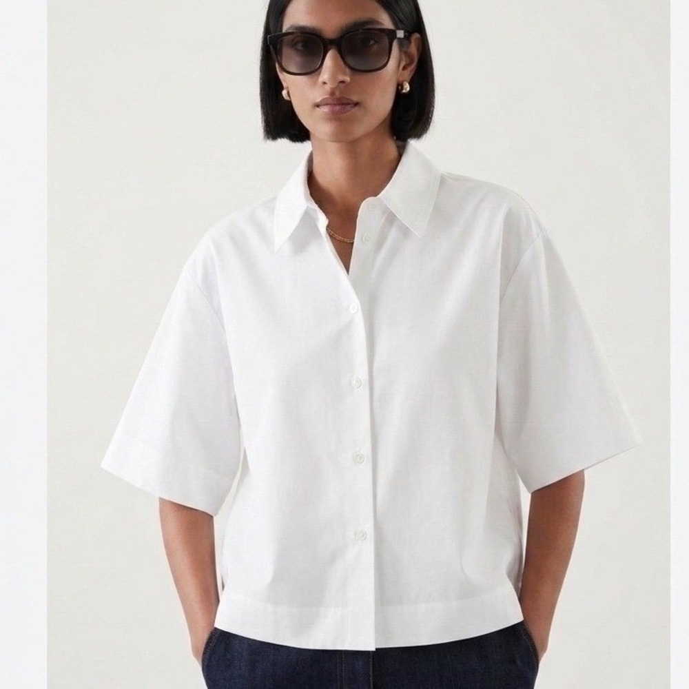 COS Womens White Short Sleeve Boxy Button Down Cotton Shirt 1163836001 Size 14